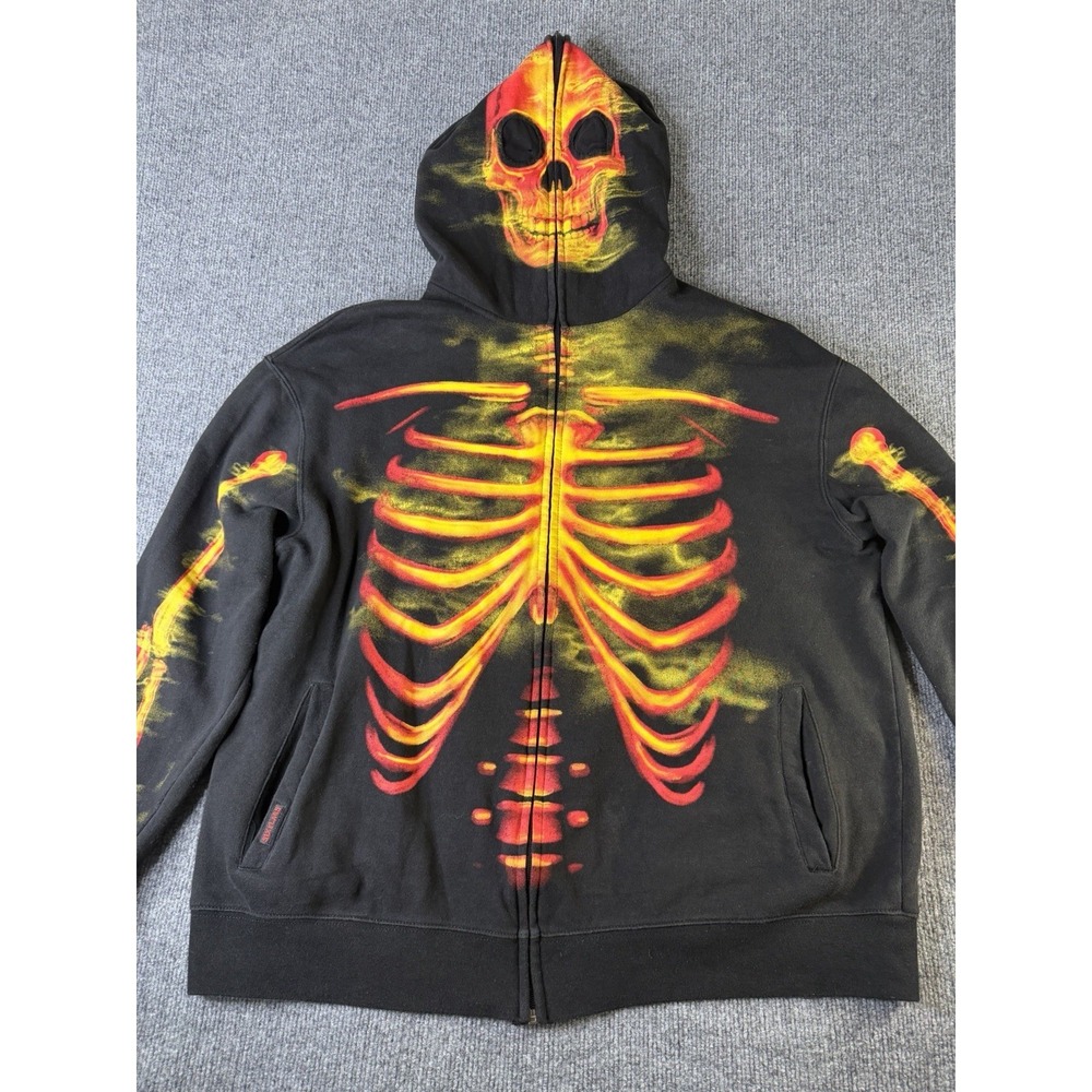 Six Flags Flaming Skeleton Zip Up Hoodie XL Black Glow Graphic Skull Jacket